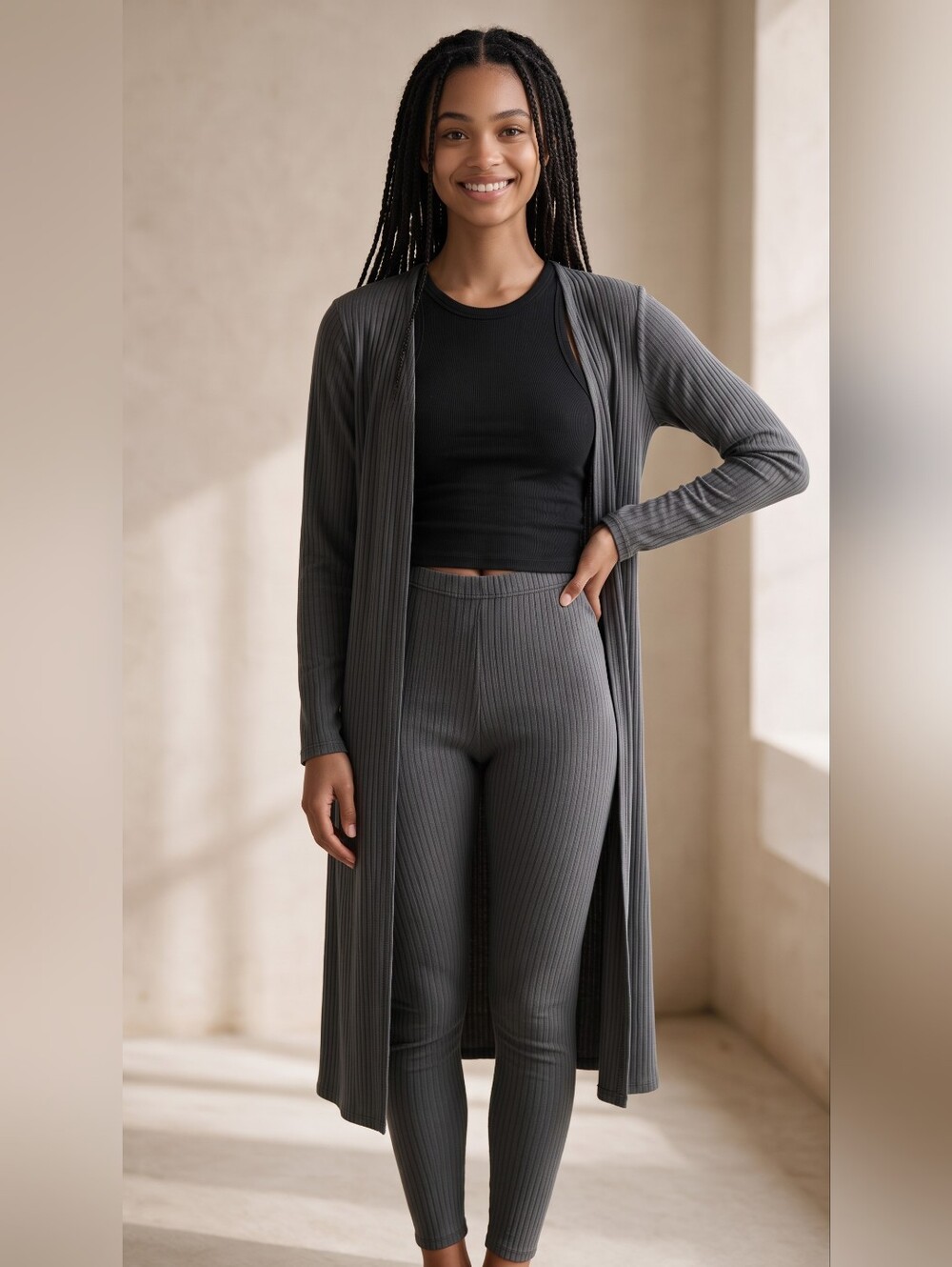 Women’s Ribbed Jacket and Pants Set - Charcoal Gray - Picture 2 of 8